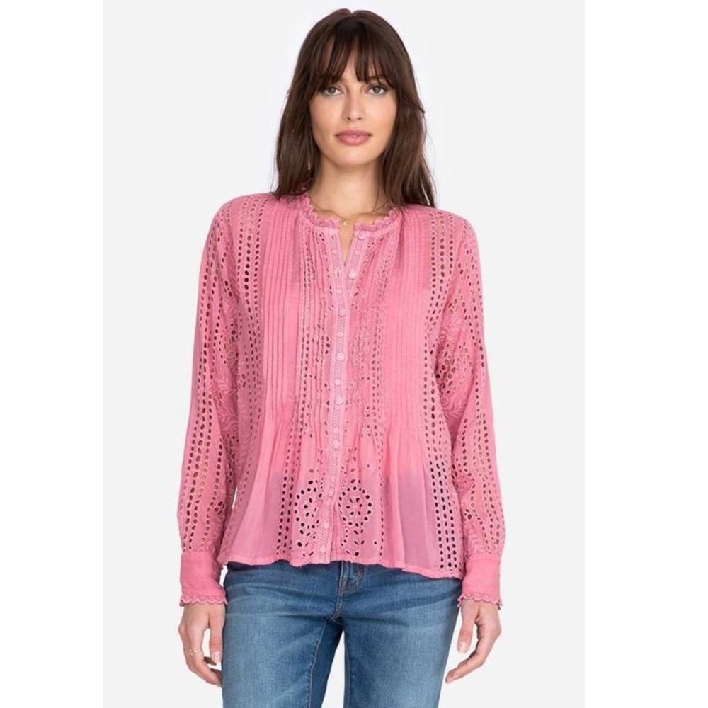 Johnny Was Sveta Pink Dusty Rose Pleated Eyelet Lace Button Up Blouse Size Small